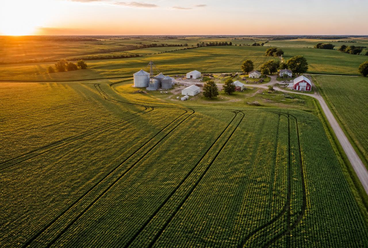 Aerial view of a grain farm at golden hour