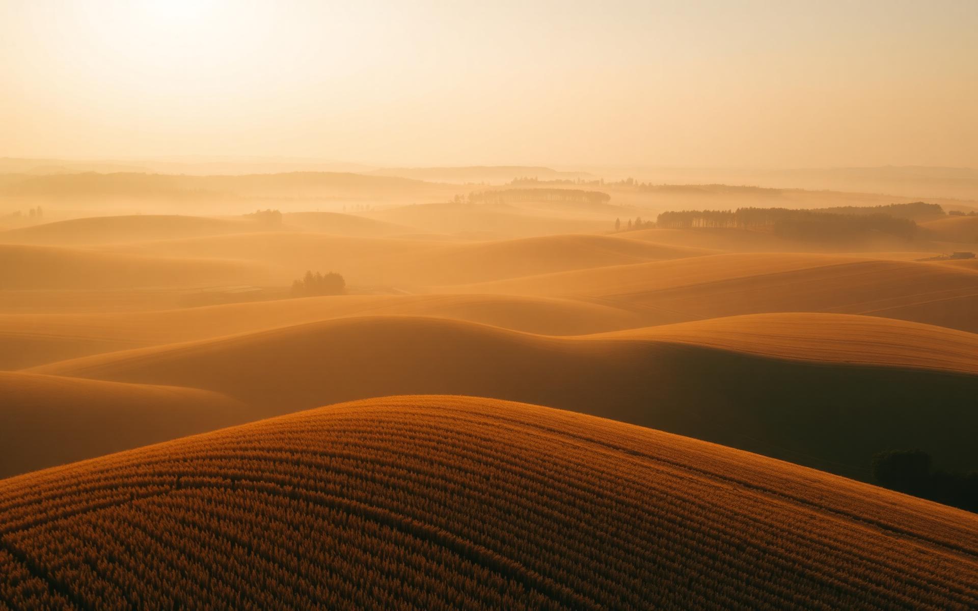 Golden-hour aerial view of rolling farmland fields